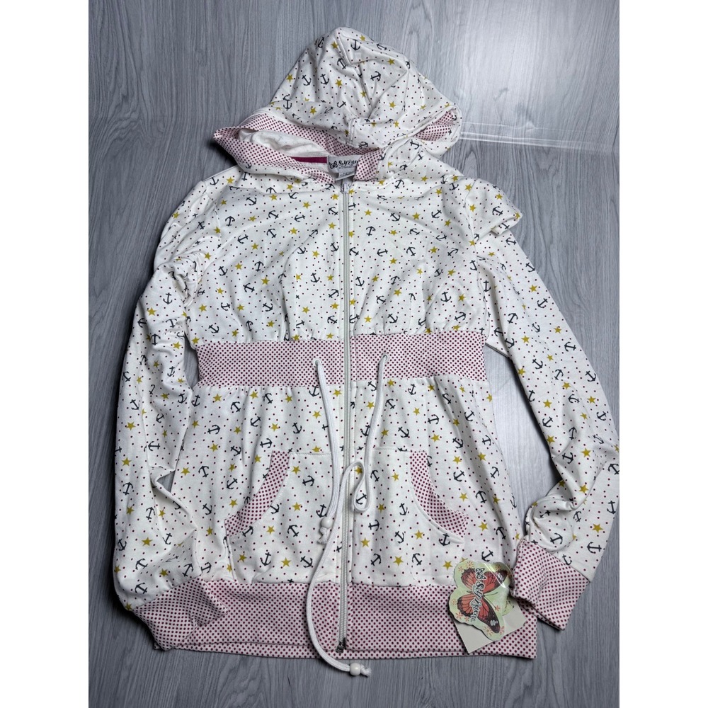 Self Esteem Girls White Anchor Star Polka Dot Zip Up Hoodie Sweatshirt Small NWT